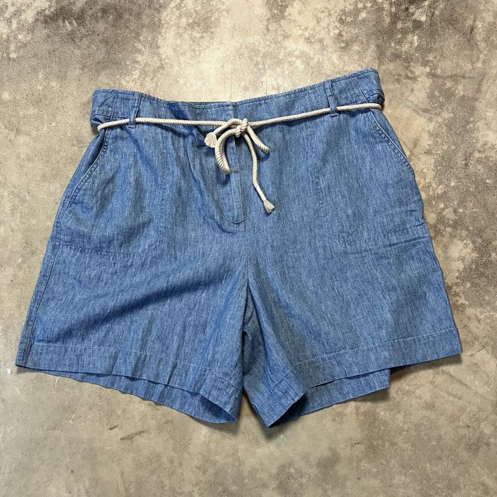 Talbots Shorts Womens 16 Blue Tie High Waist Linen Cotton Blend Resort Beach